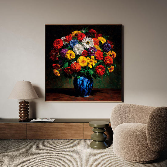 Tableau fleurs multicolores vase bleu décoration murale salon salle à manger contemporain