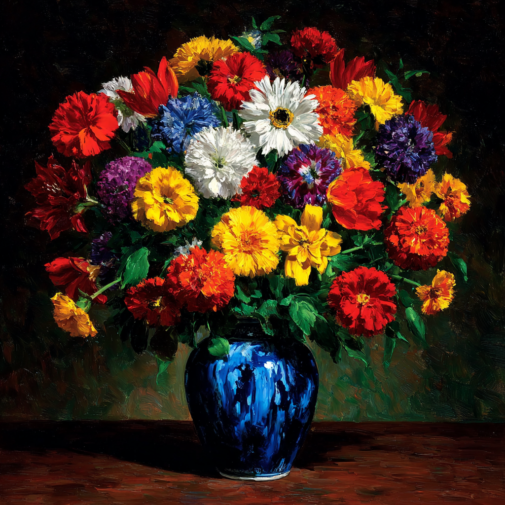 Grand tableau Bouquet de fleurs - Vase bleu cobalt