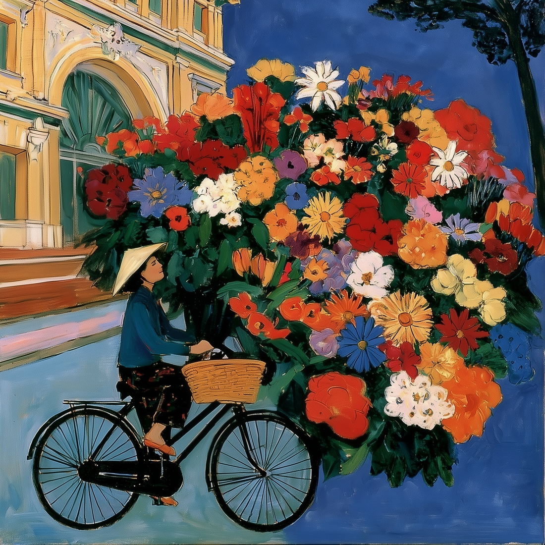 Original Painting - Woman on Bike with Giant Colorful Bouquet