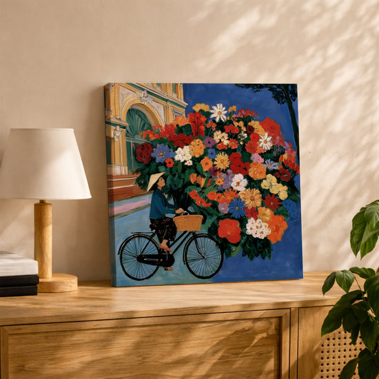Whimsical flower-bicycle canvas above an oak sideboard, styled for a modern living room