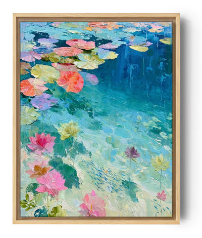 Tableau fleurs nénuphars colorés sur eau turquoise peinture au couteau style impressionniste