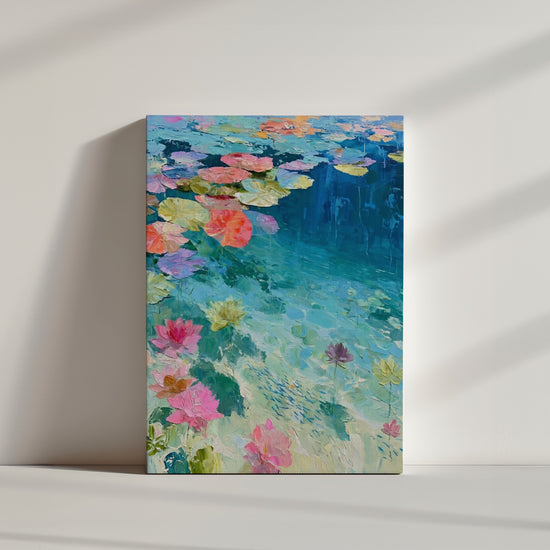 Tableau fleurs nénuphars colorés eau turquoise peinture couteau impressionniste ambiance zen minimaliste