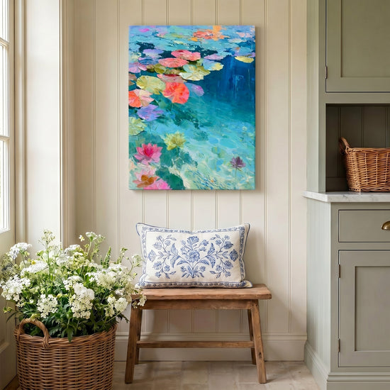 Tableau fleurs nénuphars colorés eau turquoise style impressionniste décoration murale salon