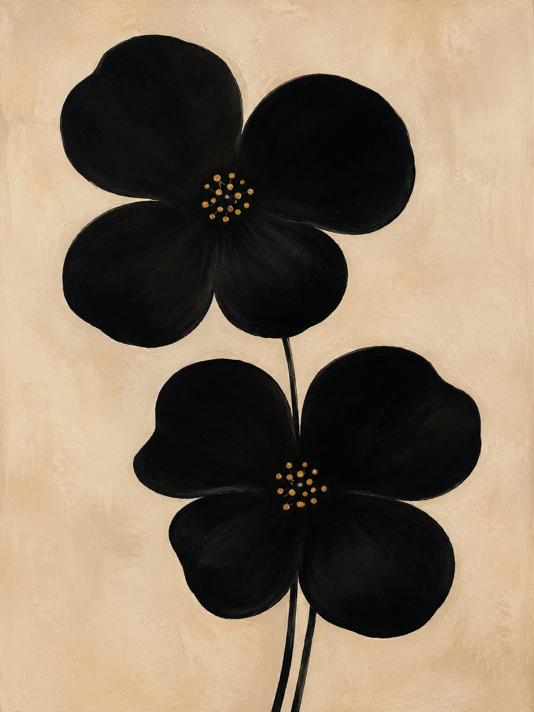 Tableau Fleurs noires minimalistes - Élégance japonaise sur fond beige