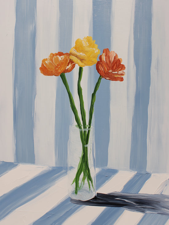 Orange and yellow flowers in a glass vase on blue and white striped background, soft modern style