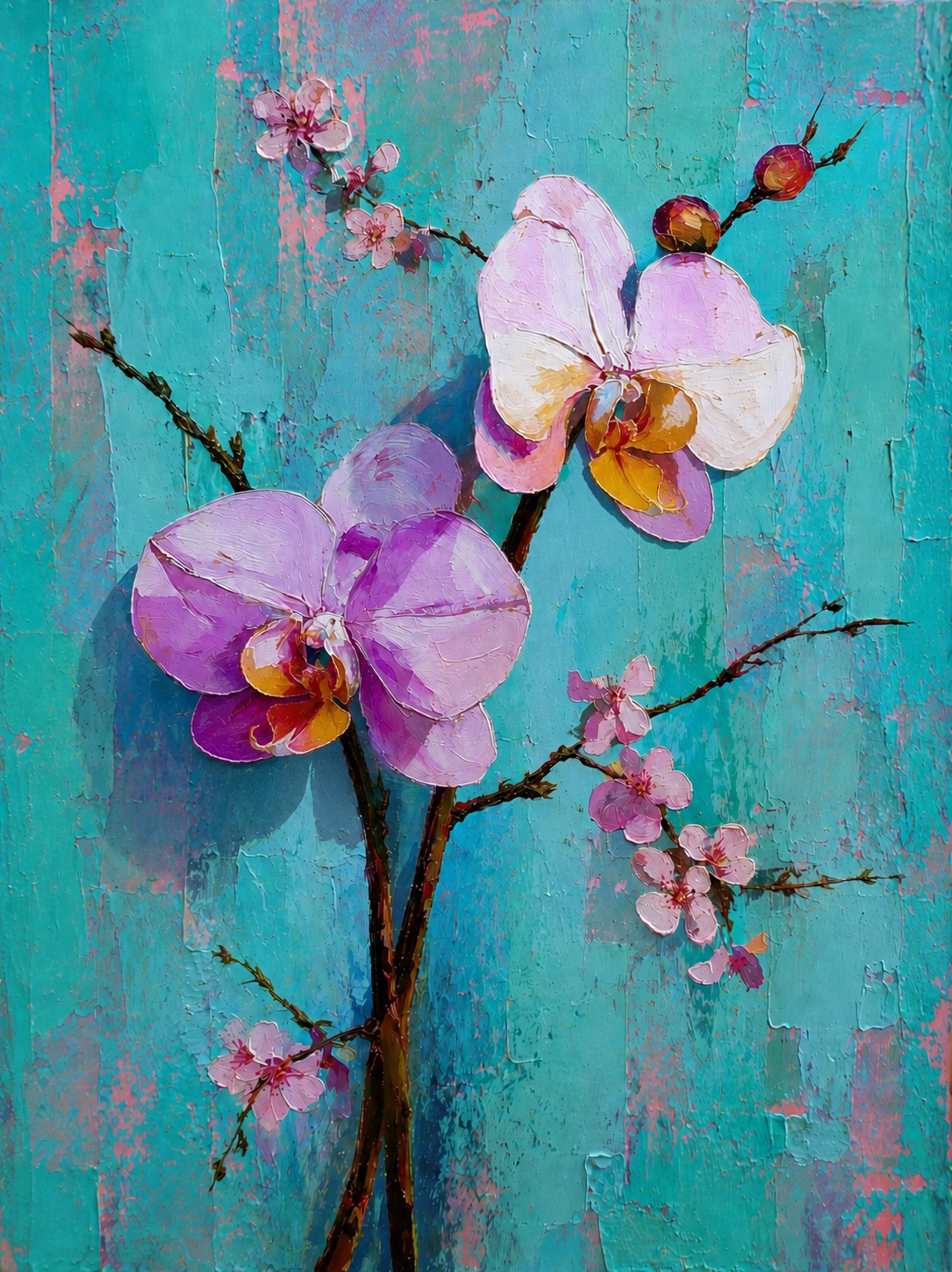 Tableau sur toile Orchidées et cerisier - Turquoise patiné