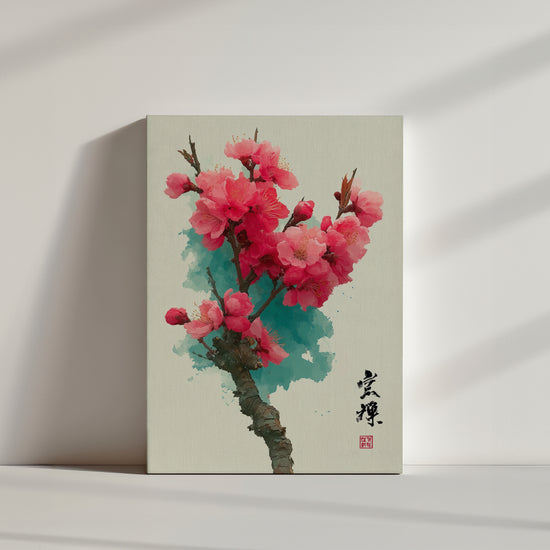 Tableau mural de fleurs de pêcher rose vif dans un style aquarelle asiatique