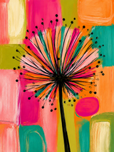 Tableau fleurs abstrait sur toile, pissenlit coloré multicolore sur fond géométrique vif, art moderne