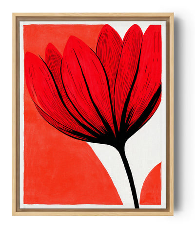 Stilisiertes Blumen-Wandbild in Rot auf korallenfarbenem Hintergrund, grafische Wandkunst mit klaren schwarzen Linien