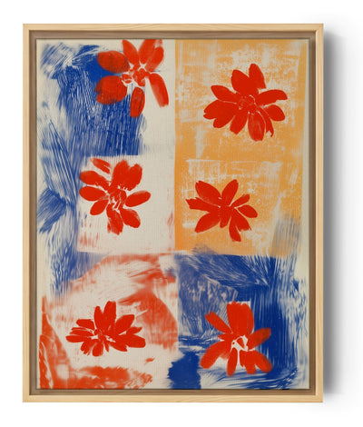 Tableau décoratif abstrait avec fleurs rouges sur fond bleu et orange, style pop art vibrant