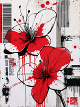 Tableau fleurs rouges style contemporain abstrait, fond blanc et noir avec éclaboussures
