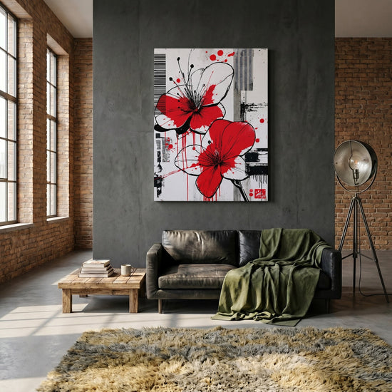 Tableau fleurs rouges contemporain abstrait street art décoration murale salon moderne