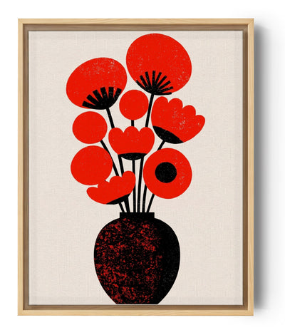 Tableau fleurs rouges et noires stylisées en vase, art moderne minimaliste sur fond beige
