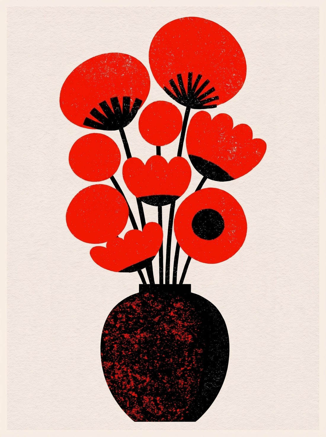 Leinwandbild Grafik-Blumenstrauß – stilisierte rote Blumen und schwarze Vase