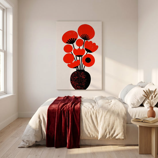 Leinwandbild mit stilisierten roten und schwarzen Blumen und schwarzer Vase – Wanddekoration fürs moderne, minimalistische Wohnzimmer