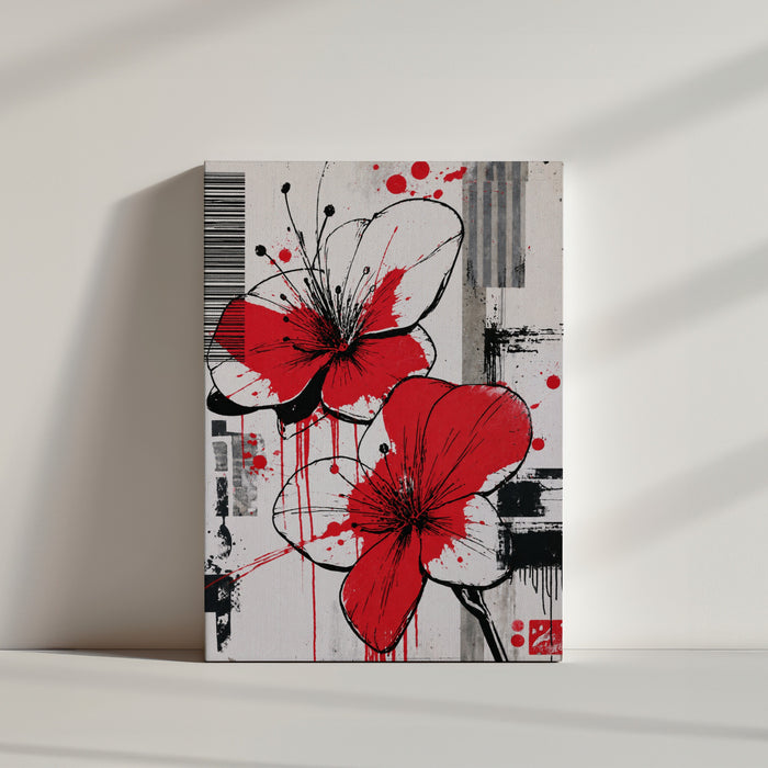 Tableau fleurs rouges style street art contemporain posé au sol ambiance minimaliste épurée