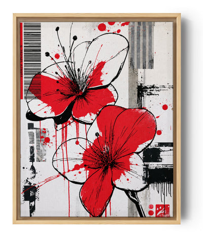 Tableau fleurs rouges style contemporain abstrait, fond blanc et noir avec éclaboussures