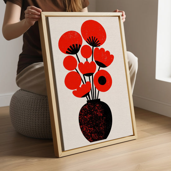 Leinwandbild mit stilisierten roten Blumen und schwarzer Vase – Wanddekoration für modernes Wohnzimmer mit Holzrahmen