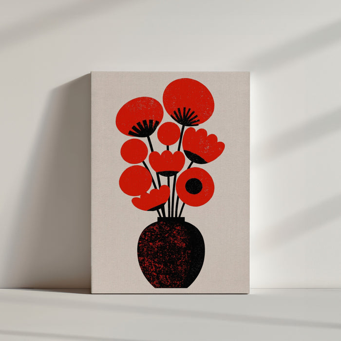 Leinwandbild mit stilisierten roten Blumen, schwarze Vase – modernes, minimalistisches Design; am Boden stehend in heller, puristischer Atmosphäre