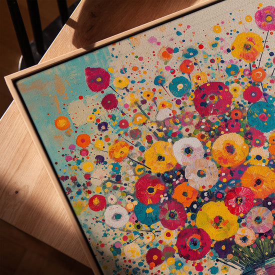 Fleurs sauvages abstraites tableau pour salon cadre chêne doré