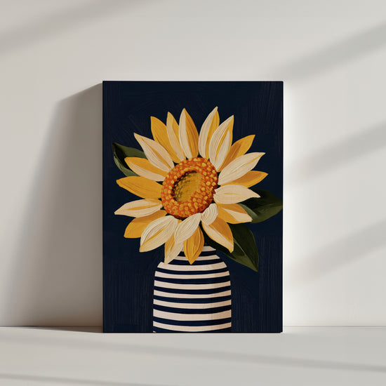 Tableau fleurs tournesol jaune vase rayé fond bleu marine décoration murale minimaliste lumineuse