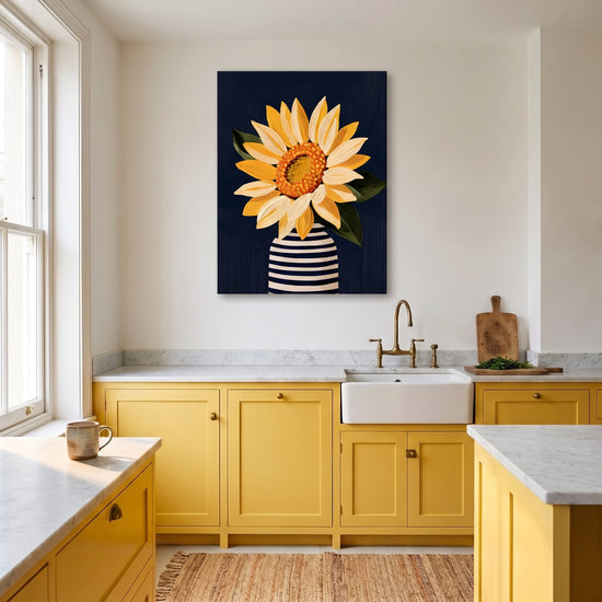 Tableau fleurs tournesol jaune vase rayé fond bleu marine décoration murale moderne salon lumineux