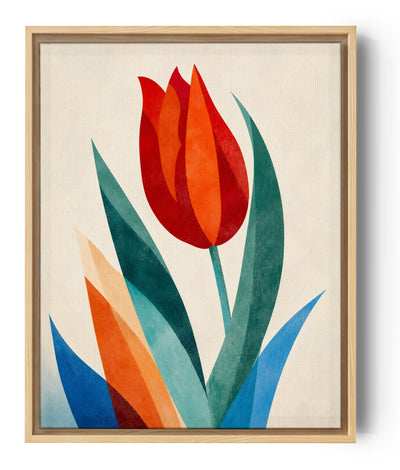 Modern geometric red tulip flower canvas wall art with green and blue leaves