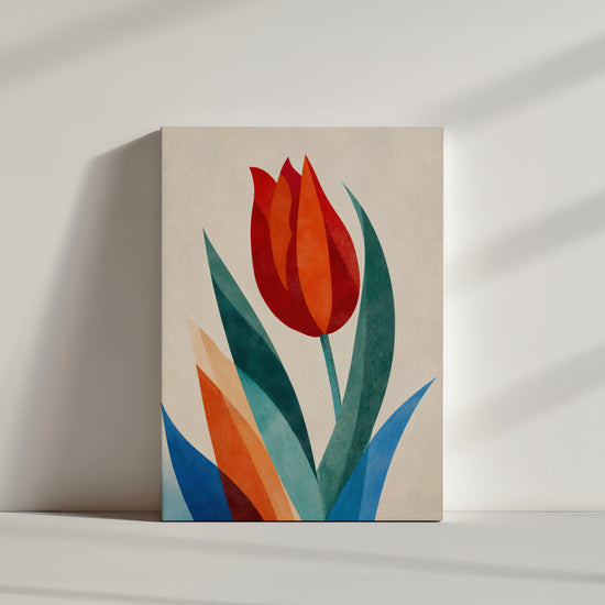 Tableau fleurs tulipe rouge orange géométrique pour décoration murale minimaliste et lumineuse