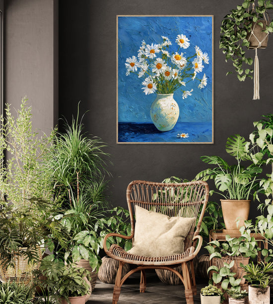 Tableau de fleurs blanches dans un vase sur fond bleu, style impressionniste, intégration naturelle dans un salon boho