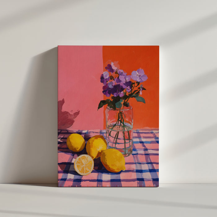 Tableau aux fleurs violettes et citrons jaunes sur fond rose et orange, style nature morte lumineuse