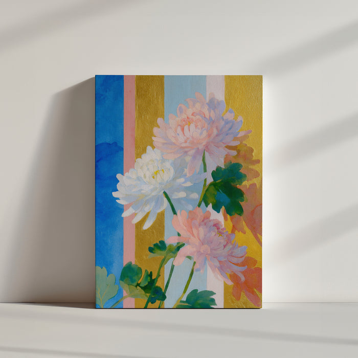 Tableau floral aux chrysanthèmes pastel sur fond rayé coloré, style décoratif vibrant