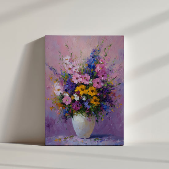 Tableau floral impressionniste avec bouquet coloré sur fond pastel, style romantique