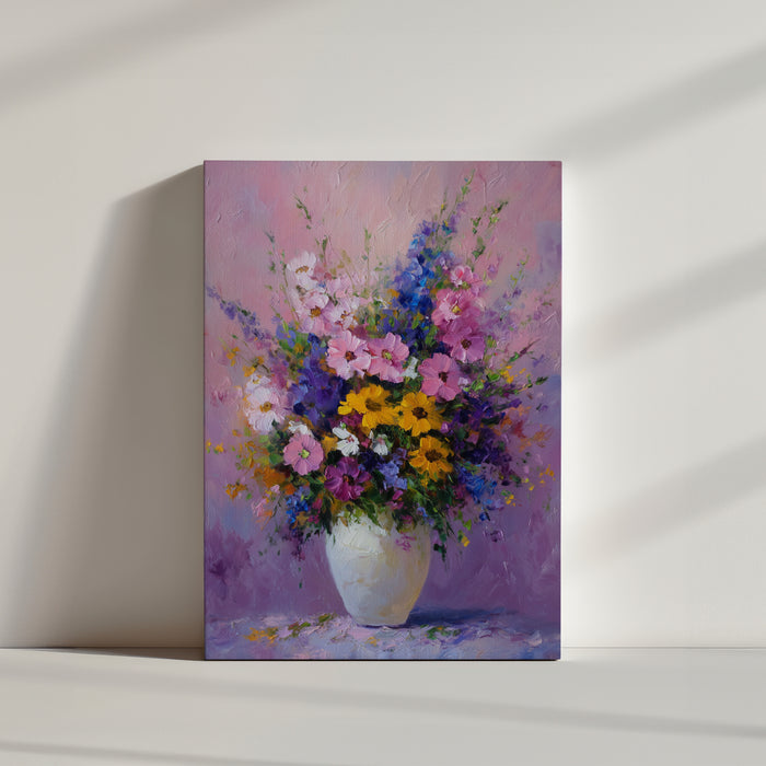 Tableau floral impressionniste avec bouquet coloré sur fond pastel, style romantique