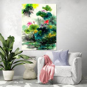 Vibrant floral wall art with colorful water lilies, watercolor style, in a bright modern living room