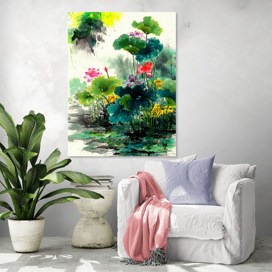 Vibrant floral wall art with colorful water lilies, watercolor style, in a bright modern living room