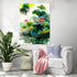 Vibrant floral wall art with colorful water lilies, watercolor style, in a bright modern living room