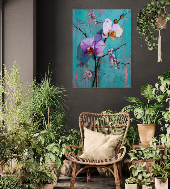 Tableau floral d'orchidées violet sur fond turquoise, rehaussant une pièce végétale et exotique