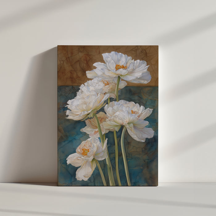 Floral wall art with white peonies on textured blue and brown background, delicate natural style