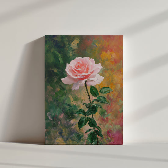 Tableau floral texturé représentant une rose rose sur fond coloré, style impressionniste vibrant