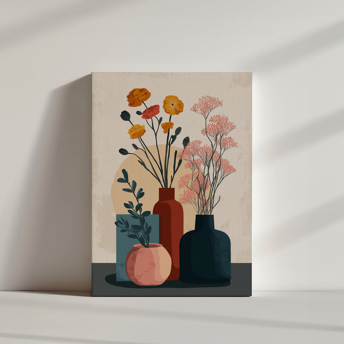 Tableau floral moderne avec vases colorés et fleurs séchées, style minimaliste pour décoration intérieure