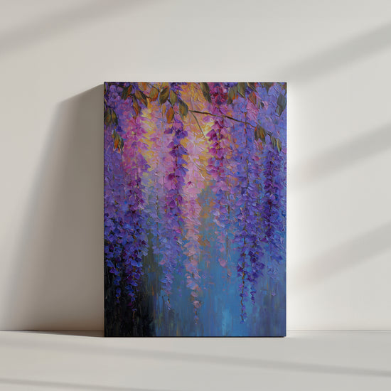 Violet and blue floral canvas with brushstroke effect, impressionist style