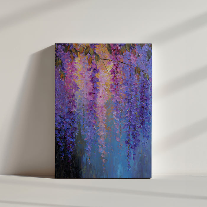 Violet and blue floral canvas with brushstroke effect, impressionist style