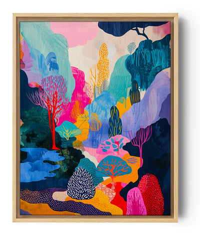 Wandbild mit einer abstrakten Landschaft mit Bäumen und Hügeln in leuchtenden Farben wie Rosa, Blau, Gelb und Rot, das eine dynamische und fantasievolle Atmosphäre schafft.