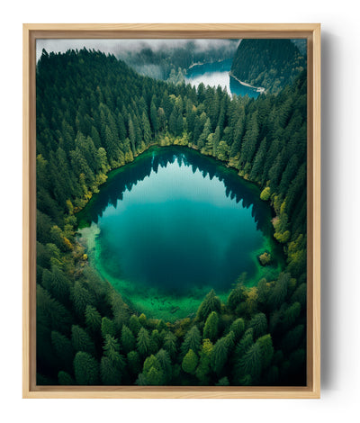 wunderschöne Luftaufnahme eines kreisrunden türkisfarbenen Sees, umgeben von einem dichten Wald grüner Bäume. Die ruhigen Gewässer des Sees spiegeln die Bäume und den Himmel wider und schaffen einen natürlichen Spiegel