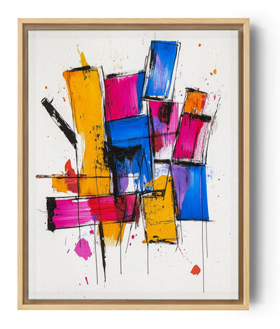 abstraktes Wandbild aus übereinandergelegten geometrischen Formen in leuchtenden Farben. Rechtecke und Quadrate, überwiegend in Gelb, Rosa, Blau, Orange und Violett gemalt, überschneiden sich auf dynamische Weise. Die schwarzen Konturen betonen die Formen und sorgen für Kontrast, während Farbspritzer und Pinselstriche dem Werk ein spontanes und energiegeladenes Aussehen verleihen. Der weiße Hintergrund hebt diese kräftigen Farben hervor und bietet eine zugleich chaotische und harmonische Komposition.