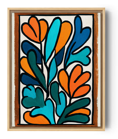 Tableau mural abstrait aux motifs organiques colorés, tons orange et bleu, style moderne