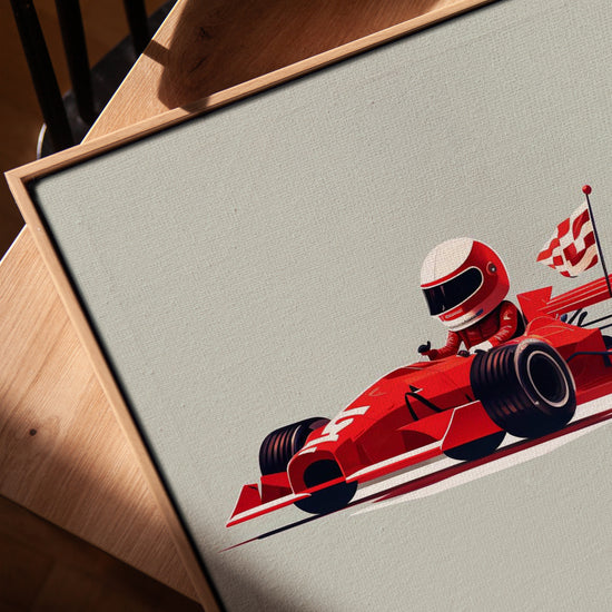 Tableau voiture F1 rouge enfant pour salon cadre chêne doré