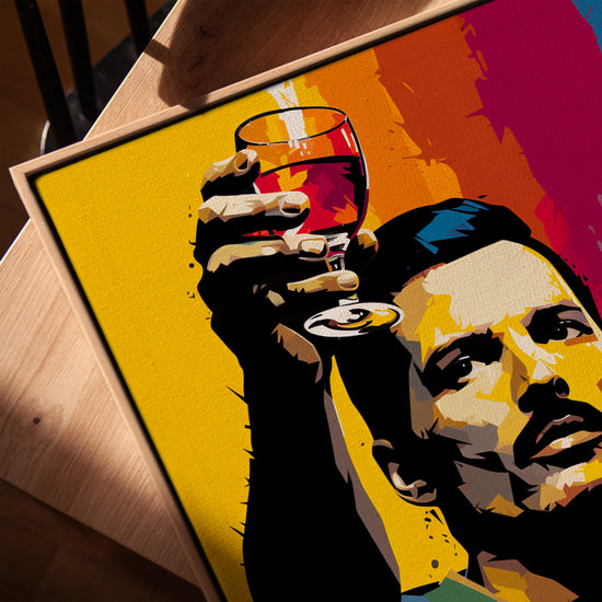 Portrait chanteur pop art tableau pour salon cadre chêne doré