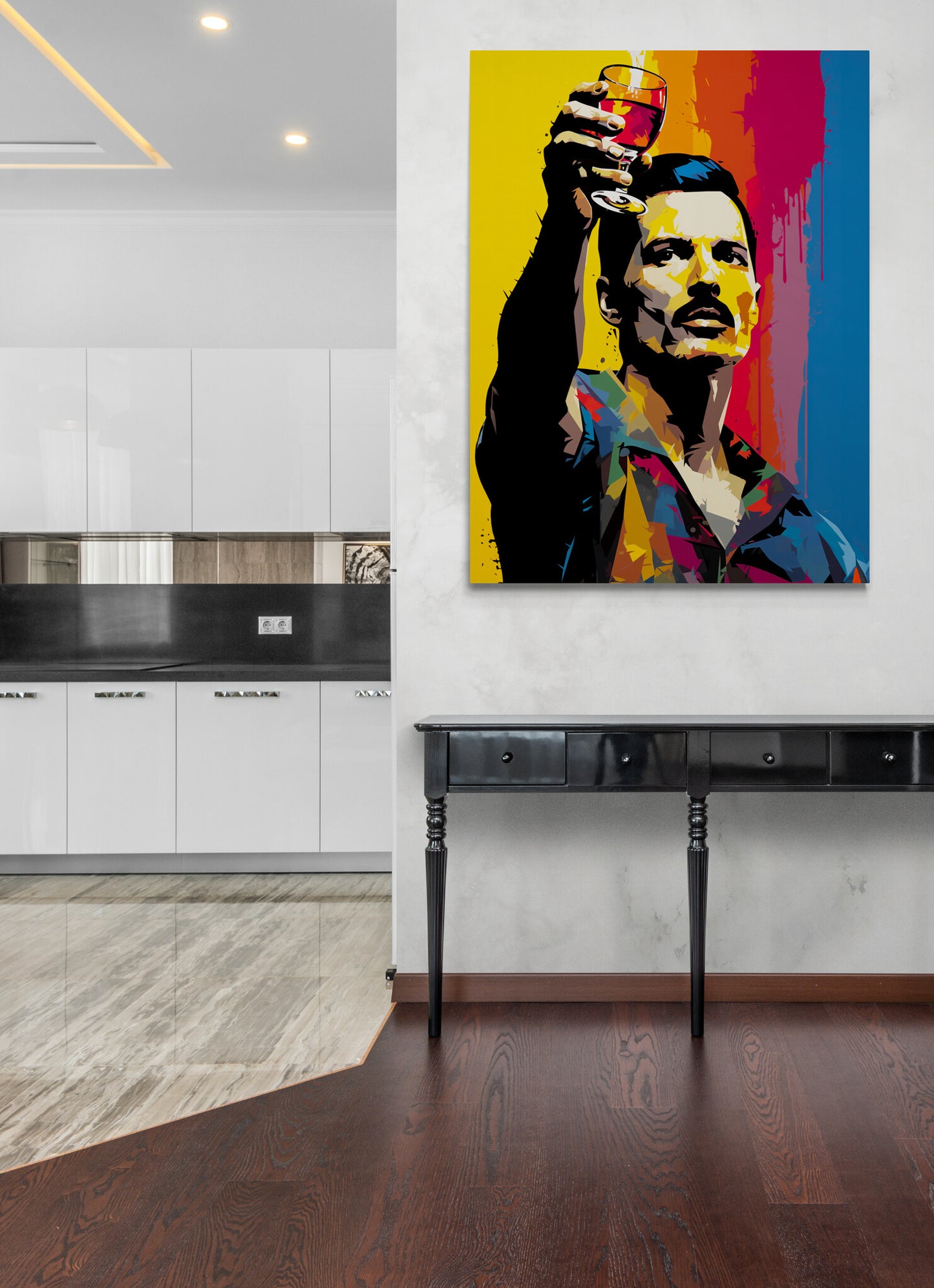Dans une cuisine moderne et lumineuse, une toile colorée apporte une touche d'excentricité et de style.
