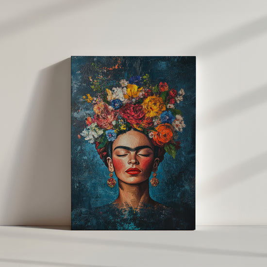 Frida Kahlo wall art featuring a vibrant floral crown in red, yellow, and blue on a textured navy backdrop - perfect wall decor